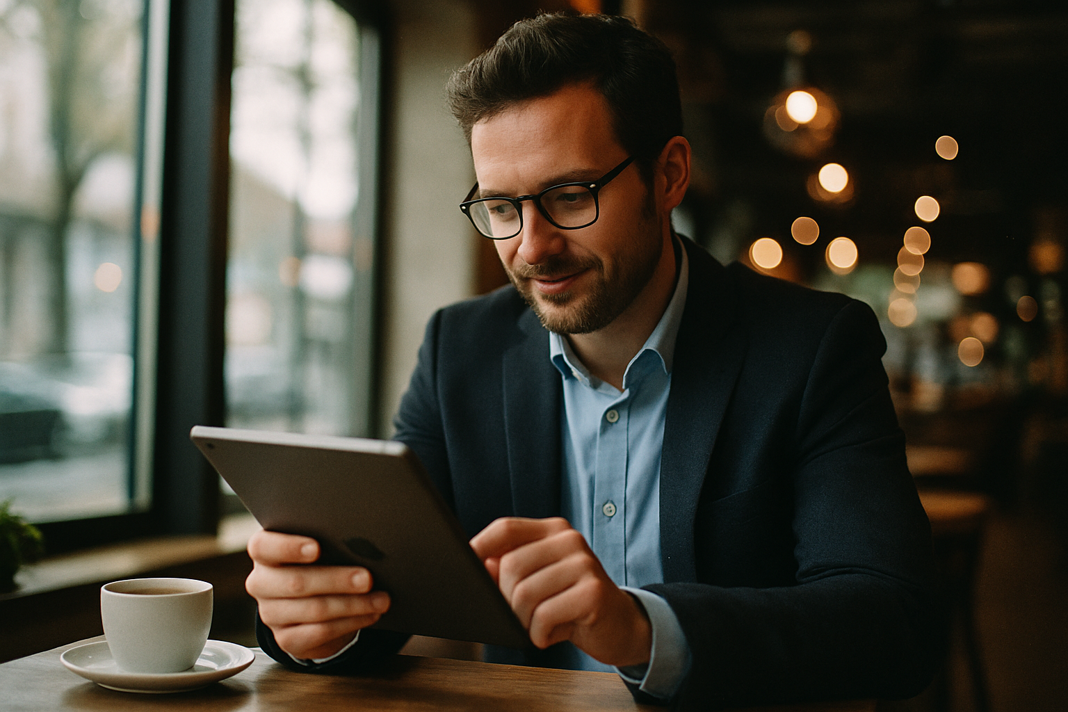 Man Reading on Tablet in Modern Café
